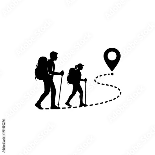 Two hikers (man and woman) with backpacks and trekking poles following a dotted path to a location pin, isolated on a white background, symbolizing adventure.