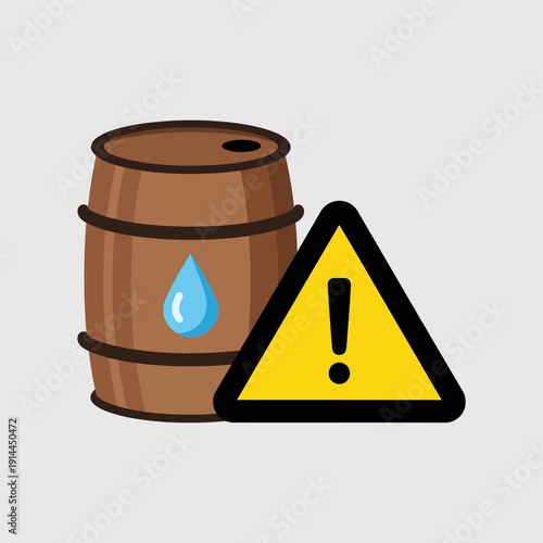 Wooden barrel with a water drop symbol and an exclamation mark warning sign, in a bright studio, highlighting resource scarcity.