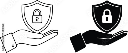 Hand holding shield with padlock icon, vector illustration in line art and solid black styles, isolated on white background, ideal for data protection, cybersecurity