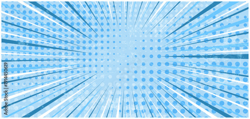 Abstract grunge blue striped retro comic background with halftone corners and textured overlay. Cartoon backdrop with stripes and half tone pattern for comics book, advertising design, poster