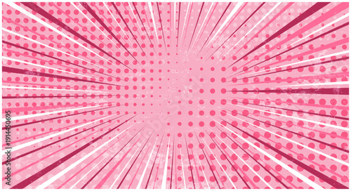 Abstract textured coral pink striped retro comic background with halftone corners and grunge overlay. Cartoon backdrop with stripes and half tone pattern for comics book, advertising design, poster