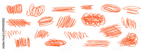 Sketch squiggle set of vector hand drawn red messy swirl lines, scribble strokes, swoosh, freehand curves for advertisement, mental struggling concept, chaotic way direction, strikethrough symbol
