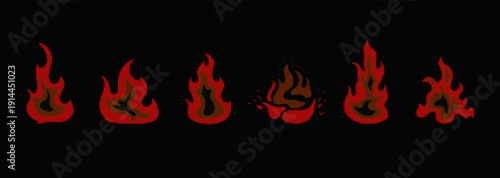 Bright red and orange vector dotted halftone gradient fire flame symbols. Abstract exploding half tone comic signs for hell concept design, explode energy decoration, campfire logo