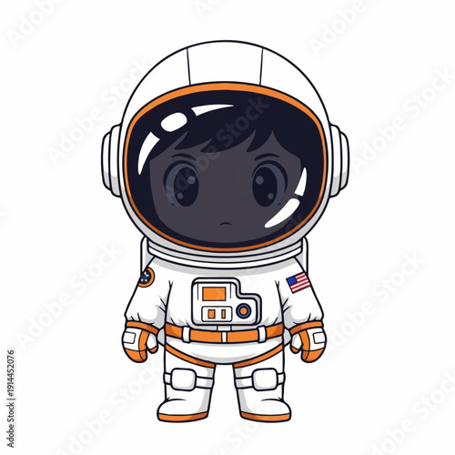 Chibi astronaut character in a detailed white spacesuit stands confidently, featuring a small flag decal on the arm, ready for space exploration.