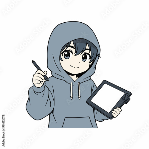 Young artist wearing a gray hoodie holds a digital stylus and a blank drawing tablet, ready to begin creative design work on a white background.