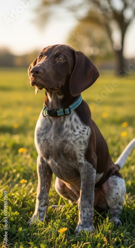 Focused German Shorthaired Pointer Puppy Sitting in Grassy Field at Sunset.
