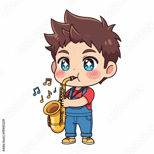 Young boy character in denim overalls joyfully plays a golden saxophone producing musical notes floating around his head brightly.