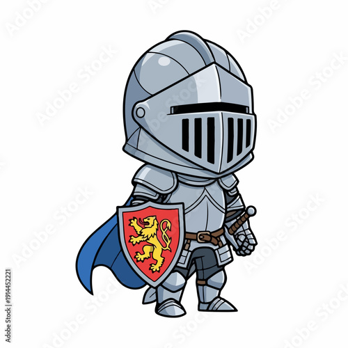 Small knight figure wearing full silver armor and holding a shield featuring a red and yellow lion rampant emblem stands ready for battle.