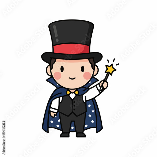 Magician character in a black top hat and cape holding a glowing star wand ready to perform a magical illusion against a white background.