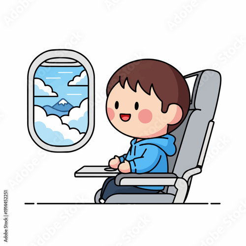Happy passenger wearing a blue hoodie sits comfortably in an airplane seat looking out the small window at clouds and a distant mountain.