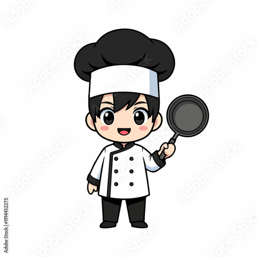 Happy chef character in crisp white uniform and tall toque holds up a small black frying pan with a confident smile.