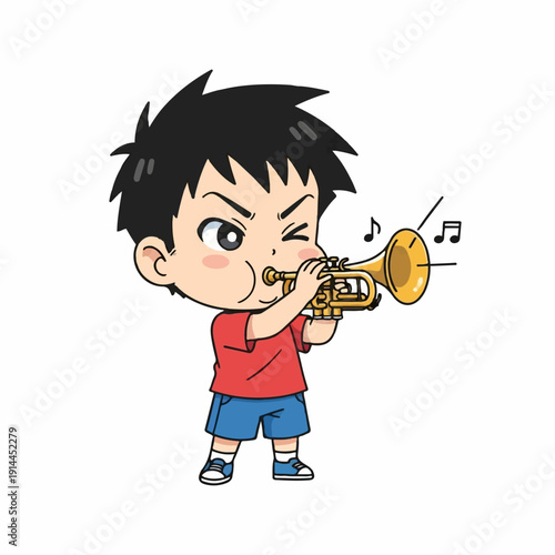 Young boy with black hair intensely plays a small brass trumpet while winking against a clean white background.