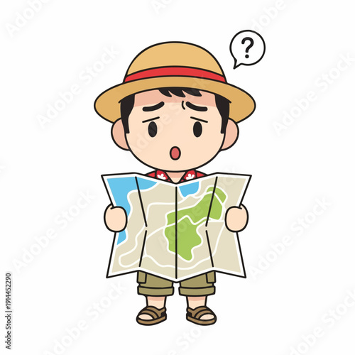 Confused tourist character wearing a straw hat looking at a folded paper map with a question mark above his head.