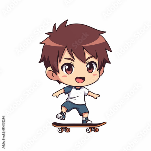 Happy young boy with brown hair is skillfully balancing on a skateboard while wearing casual clothes in a bright, isolated illustration.