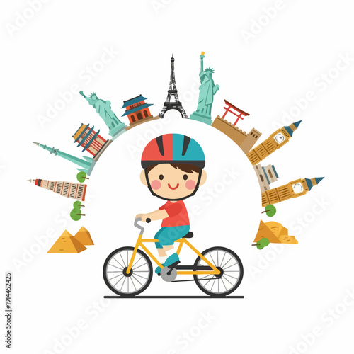 Smiling boy wearing a bicycle helmet rides a yellow bike surrounded by famous international architectural landmarks in a circular arrangement.