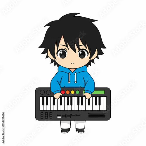 Chibi character with black hair wearing a blue hoodie holds a small electronic music keyboard against a white background.
