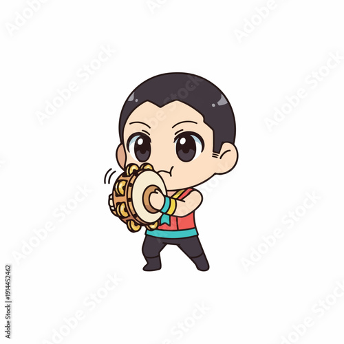 Small boy mascot character joyfully plays a traditional tambourine instrument while wearing casual ethnic clothing.