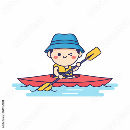 Cheerful cartoon boy wearing a yellow life vest and blue bucket hat paddles a red kayak across blue water with a wink.