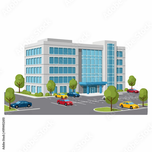 Modern corporate office building exterior featuring multiple floors, large glass windows, and a paved parking lot with several vehicles parked.