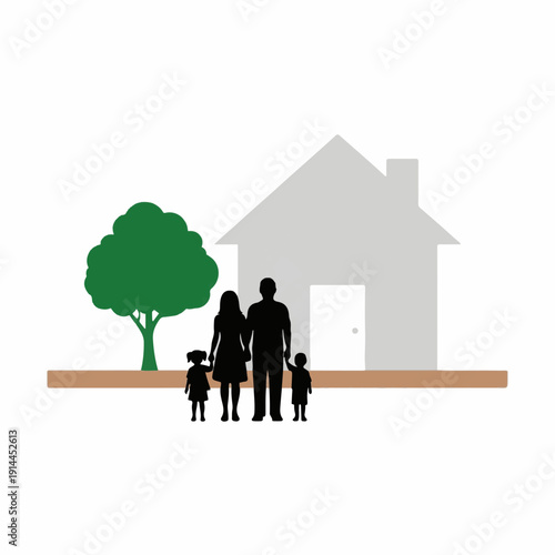 Family silhouette featuring parents and two children standing together happily in front of their simple suburban house and green tree.