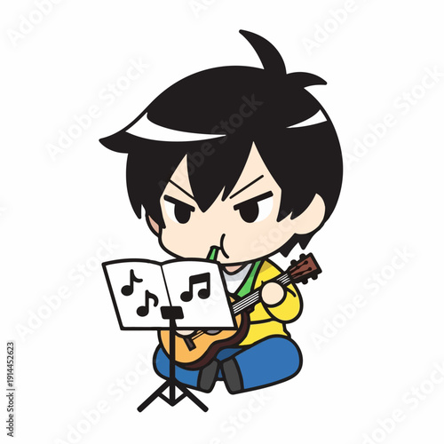 Musician boy with spiky black hair concentrates intently while playing an acoustic guitar near a music stand with sheet notes.