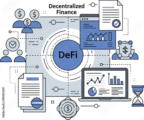 Decentralized finance DeFi ecosystem vector illustration with blockchain analytics dashboard, smart contract verification and digital investment network concept
