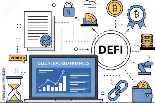 DeFi decentralized finance vector illustration with blockchain security, crypto verification, smart contract dashboard and digital asset ecosystem icons