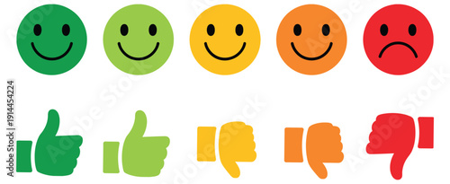 Customer feedback rating vector icon set with emoji faces and hand gestures, showing satisfaction from happy thumbs up to sad thumbs down, ideal for apps, websites