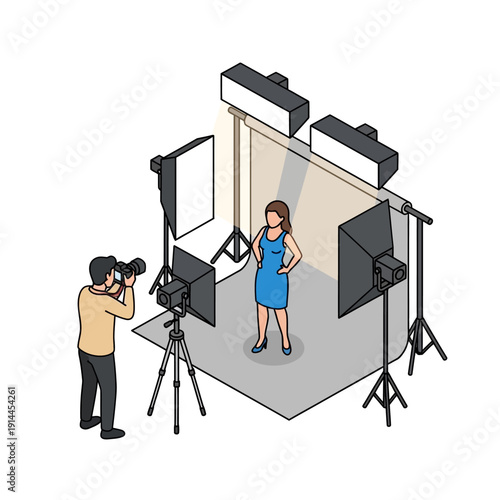 Professional photographer taking a picture of a woman in a studio setting with multiple lighting equipment.