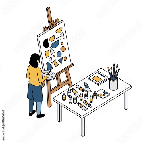 Woman Painting on an Easel with Art Supplies on a Table.