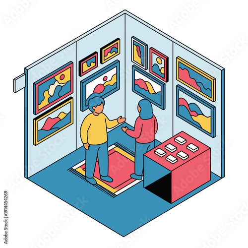 Man and woman viewing artwork in a modern art gallery.