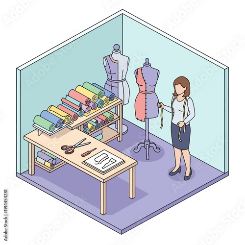 Woman working in a sewing room with mannequins and fabric.
