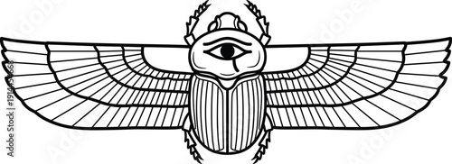 Ancient Egyptian scarab beetle vector illustration featuring outspread wings and the Eye of Horus symbol in a minimalist black line art style