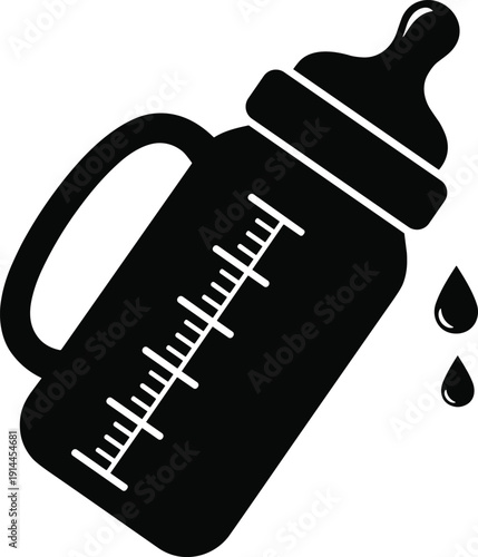 Black silhouette icon of a baby feeding bottle with measuring scale and liquid drops isolated on white background