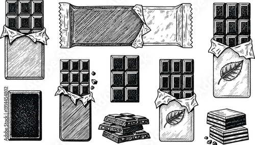 Hand drawn chocolate bars set including dark chocolate blocks wrapped foil snacks milk chocolate with nuts and cocoa leaves in vintage sketch style