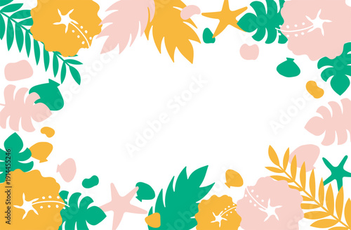 南国イメージのフレーム　ハイビスカス　貝殻