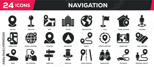 Navigation  solid icons collection. Perfect pixel on transparent background. Vector illustration