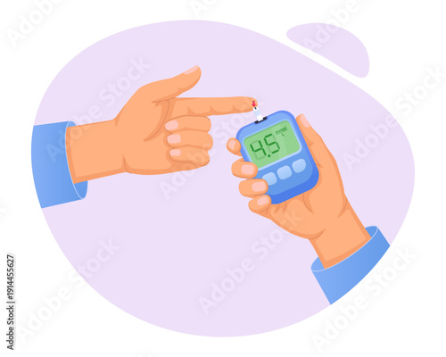 Blood glucose meter measuring sugar level from finger prick, digital diabetes monitoring device in hand, flat vector illustration isolated on background
