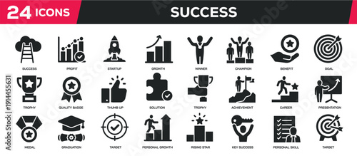 Success solid icons collection. Perfect pixel on transparent background. Vector illustration