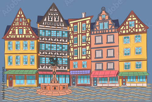 Colorful Half Timbered Houses on Market Square in Cochem Germany Vector Illustration