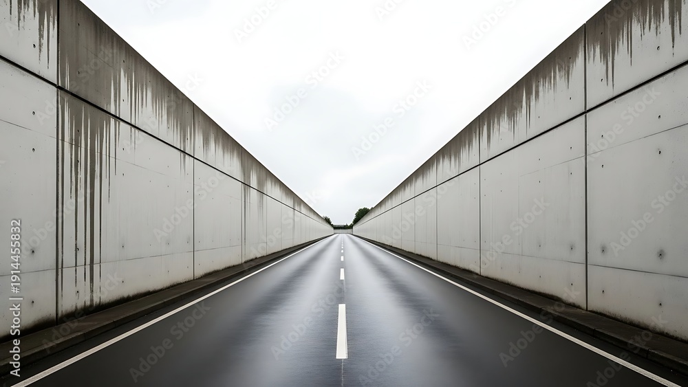 Obraz premium A long straight road with concrete walls on both sides stretching into the distance under a gray sky