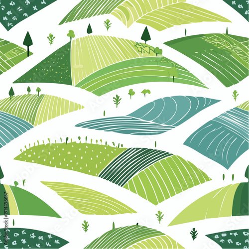 Farm field abstract seamless pattern. Green Tuscany agriculture landscape texture. French vineyard patern. Organic lines patchwork bg.
