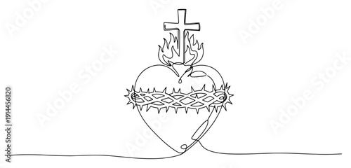 Sacred Heart of Jesus line art illustration with crown of thorns and cross