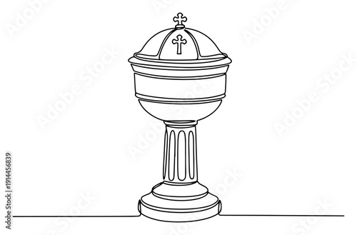 Baptismal font with a cross lid for religious ceremonies in continuous line art drawing