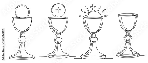 Set of holy communion chalices and religious goblets in continuous line art style