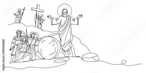 Resurrection of Jesus Christ coming out of the tomb in continuous line art drawing