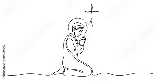 Man kneeling in prayer with a cross and halo in minimalist continuous line art style