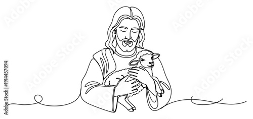 Jesus Christ holding a small lamb as the good shepherd in continuous line art style