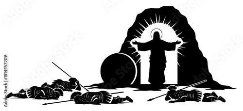 Silhouette illustration of Jesus Christ resurrection from the tomb with fallen Roman guards