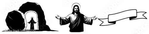 Resurrection of Jesus Christ and empty tomb with blank decorative scroll banner